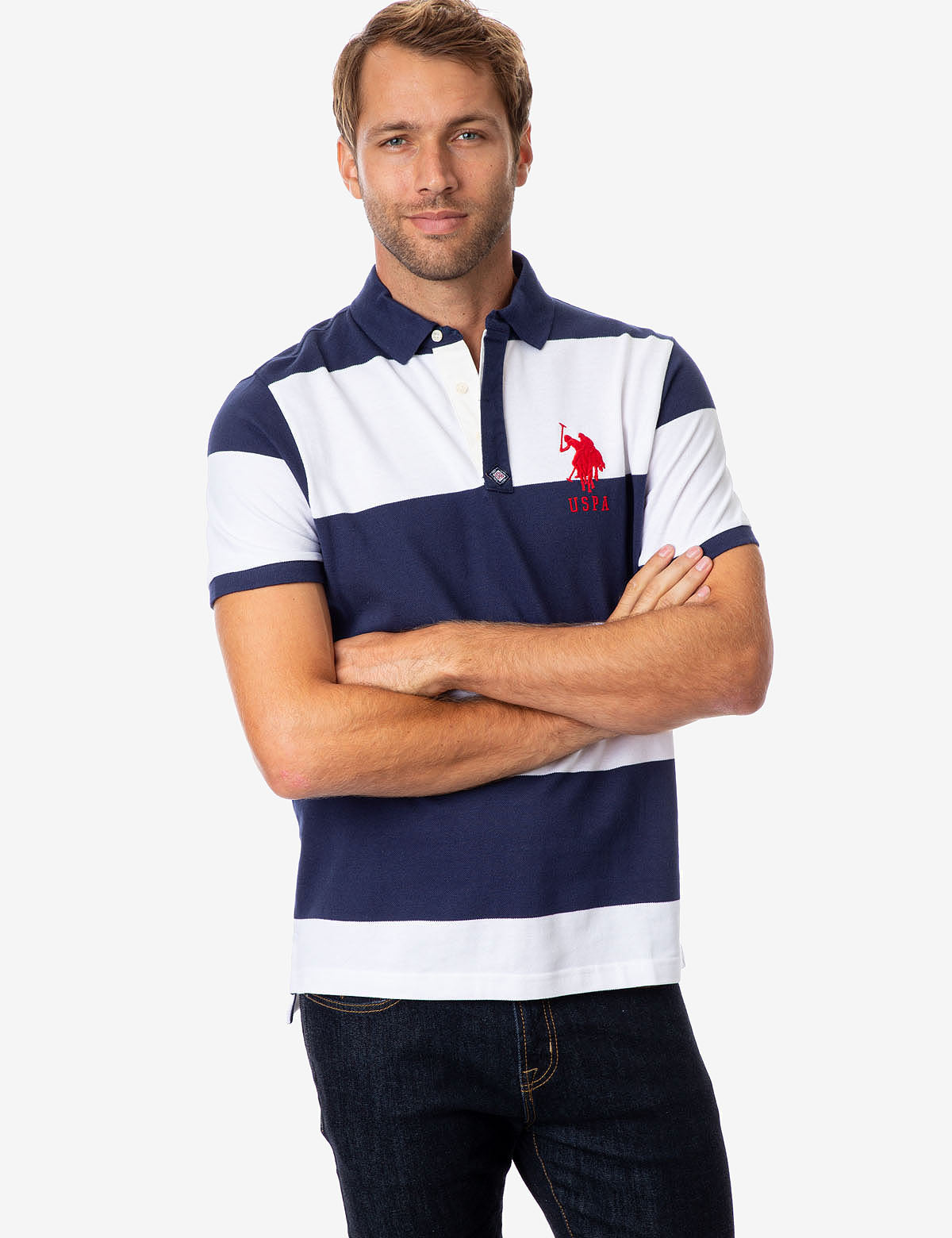 Men's Rugby Stripe Polo Shirt with Embroidered Logo