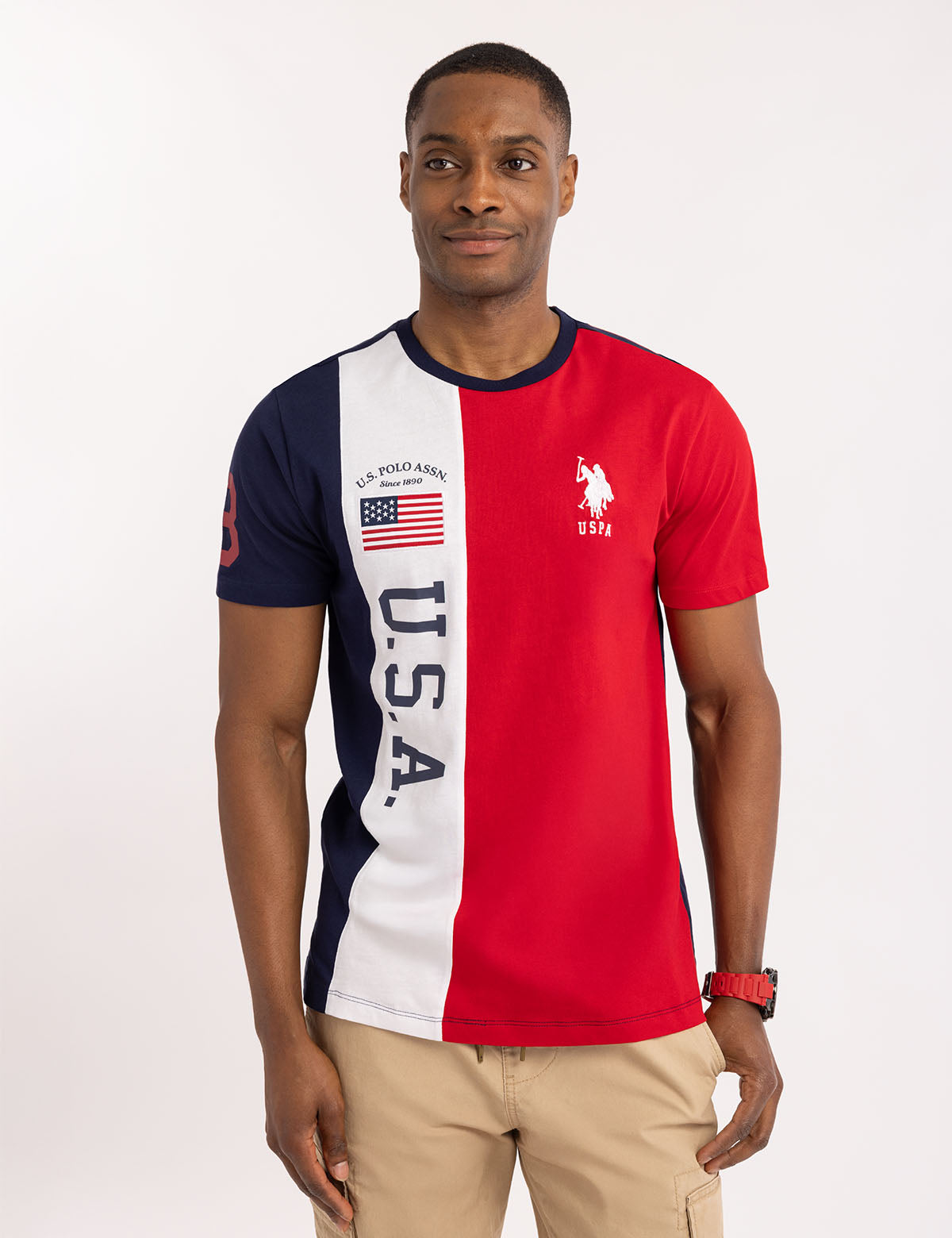 USA Patriotic Color Block Jersey T-Shirt with Flag Patch