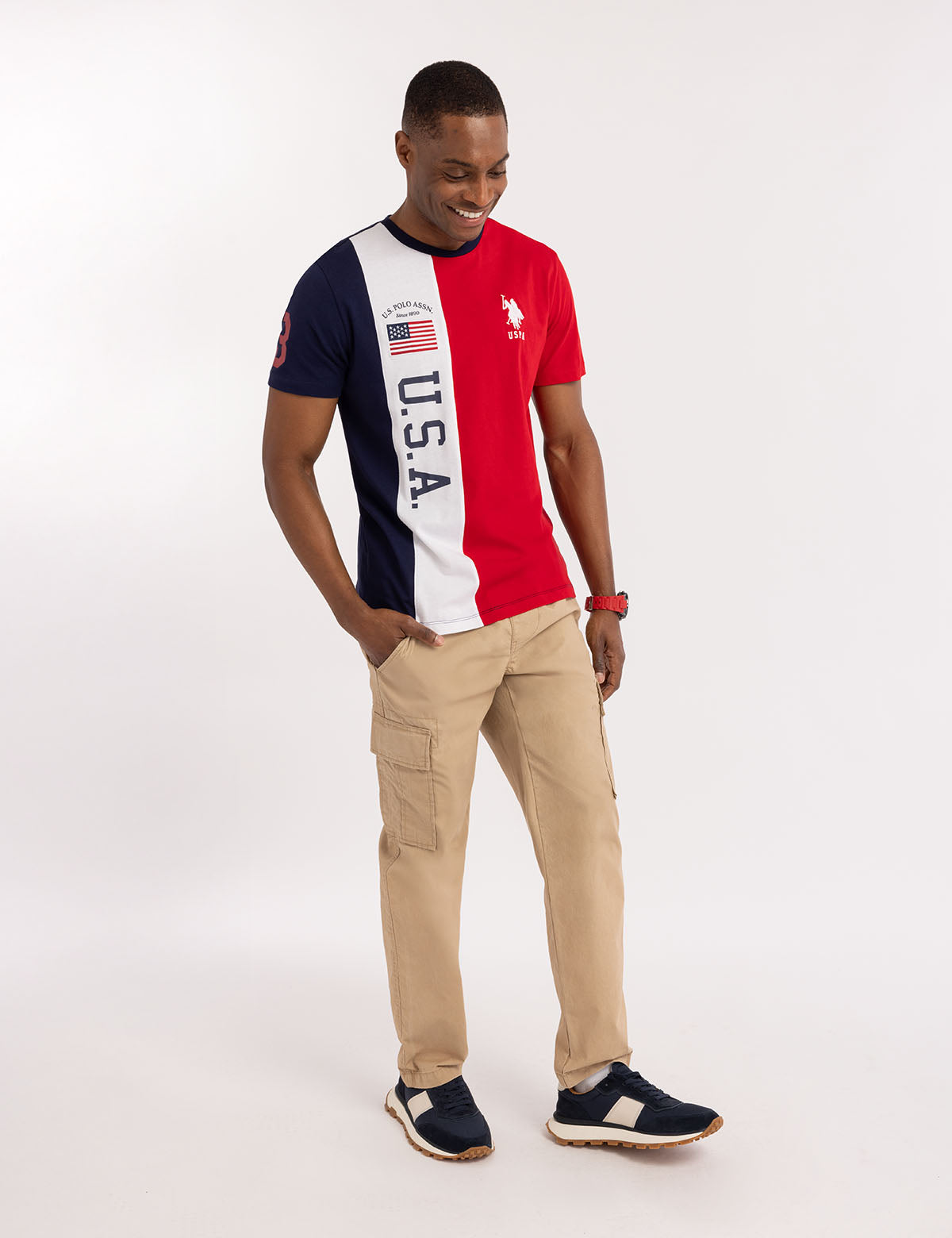 USA Patriotic Color Block Jersey T-Shirt with Flag Patch