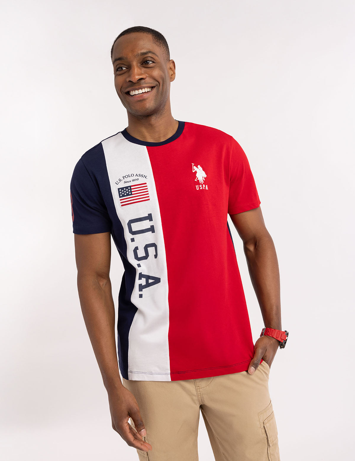 USA Patriotic Color Block Jersey T-Shirt with Flag Patch