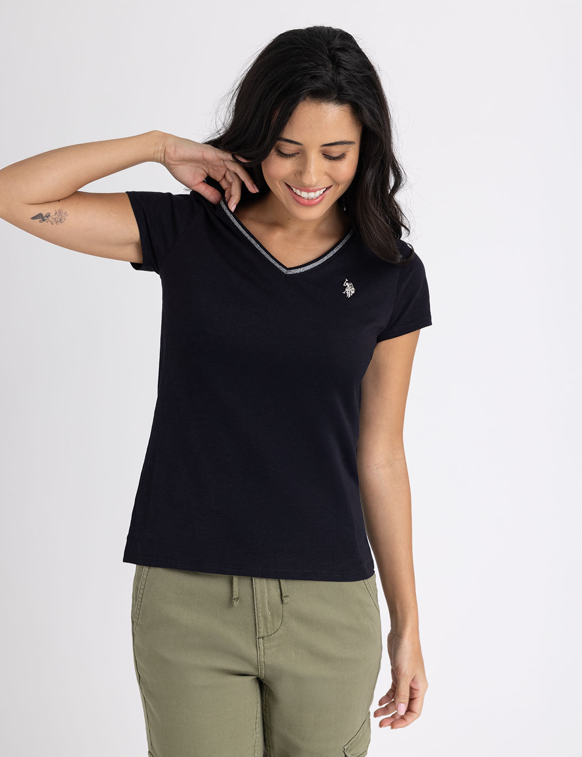 Women's Metallic Trim V-Neck T-Shirt - Stylish Casual Top