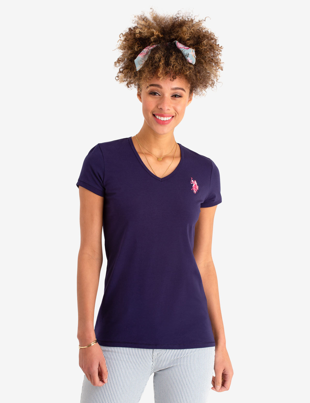 Women's Scallop V-Neck Cotton Tee with Logo Detail