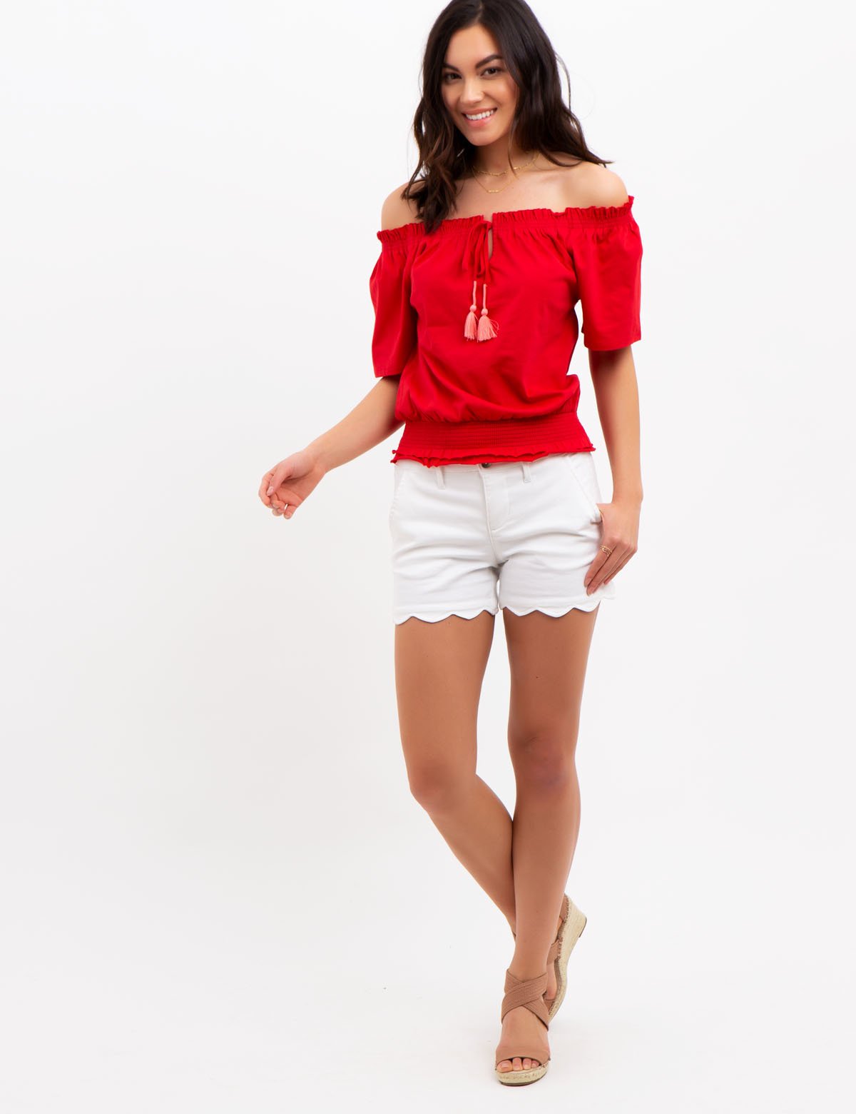 Women's Scalloped Hem Denim Shorts - Cotton Blend Stretch