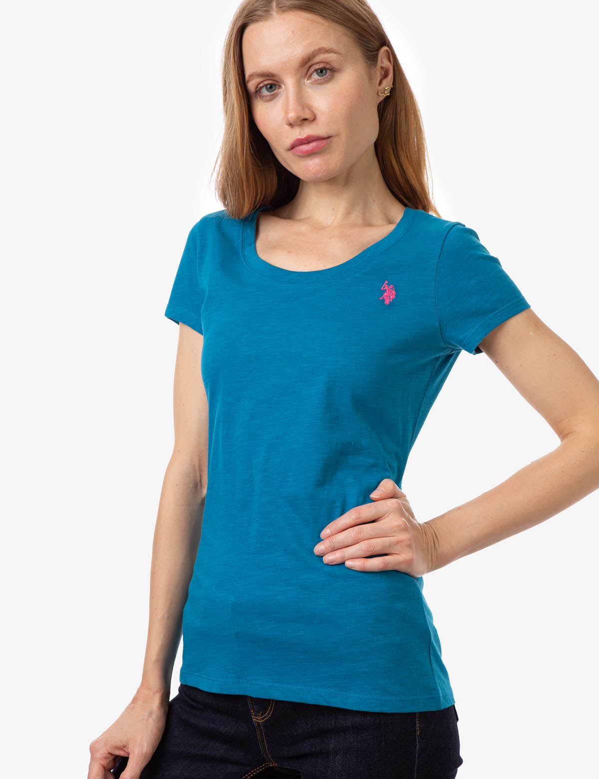 Women's Cotton Scoop Neck T-Shirt with Embroidered Logo