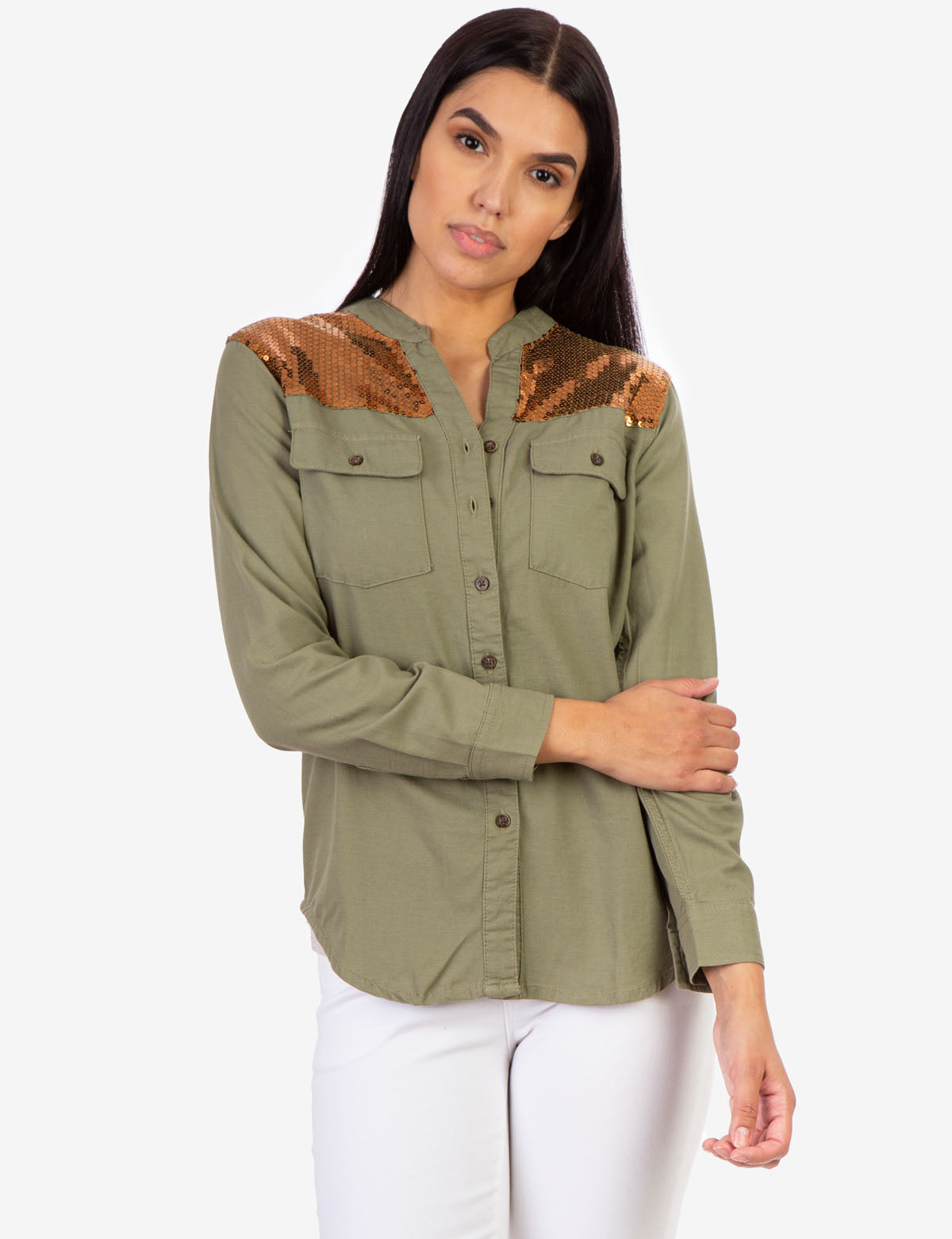 Sequin Embellished Utility Shirt with Button Placket