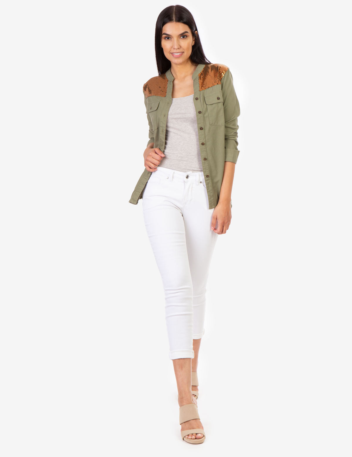 Sequin Embellished Utility Shirt with Button Placket