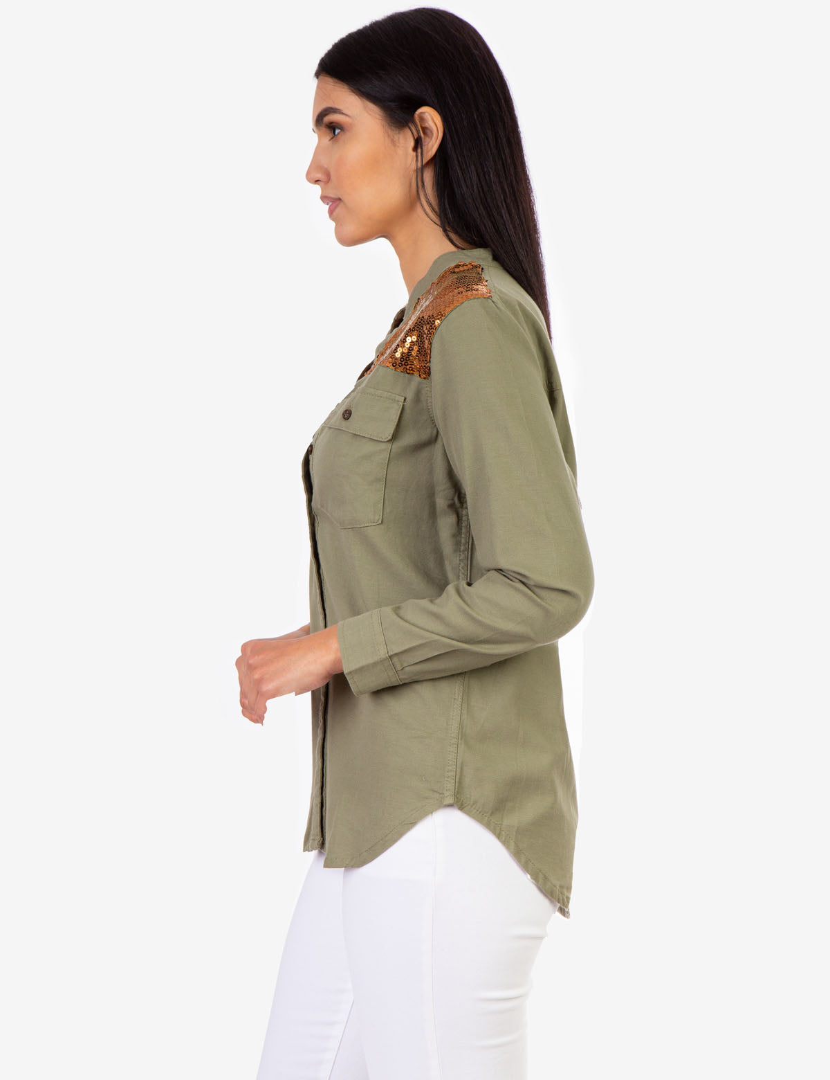 Sequin Embellished Utility Shirt with Button Placket