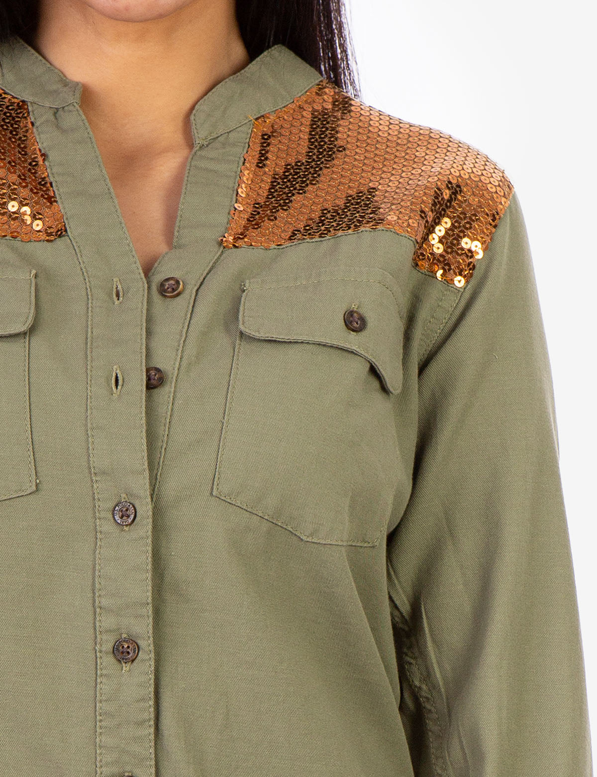 Sequin Embellished Utility Shirt with Button Placket
