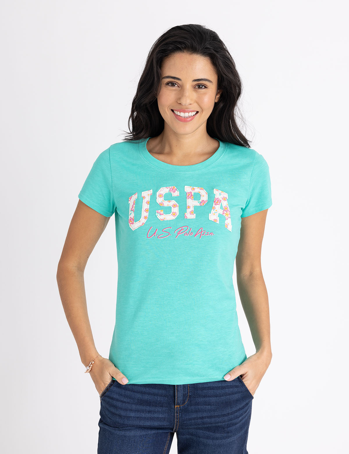 USPA Floral Arch Graphic Scoop Neck T-Shirt for Women
