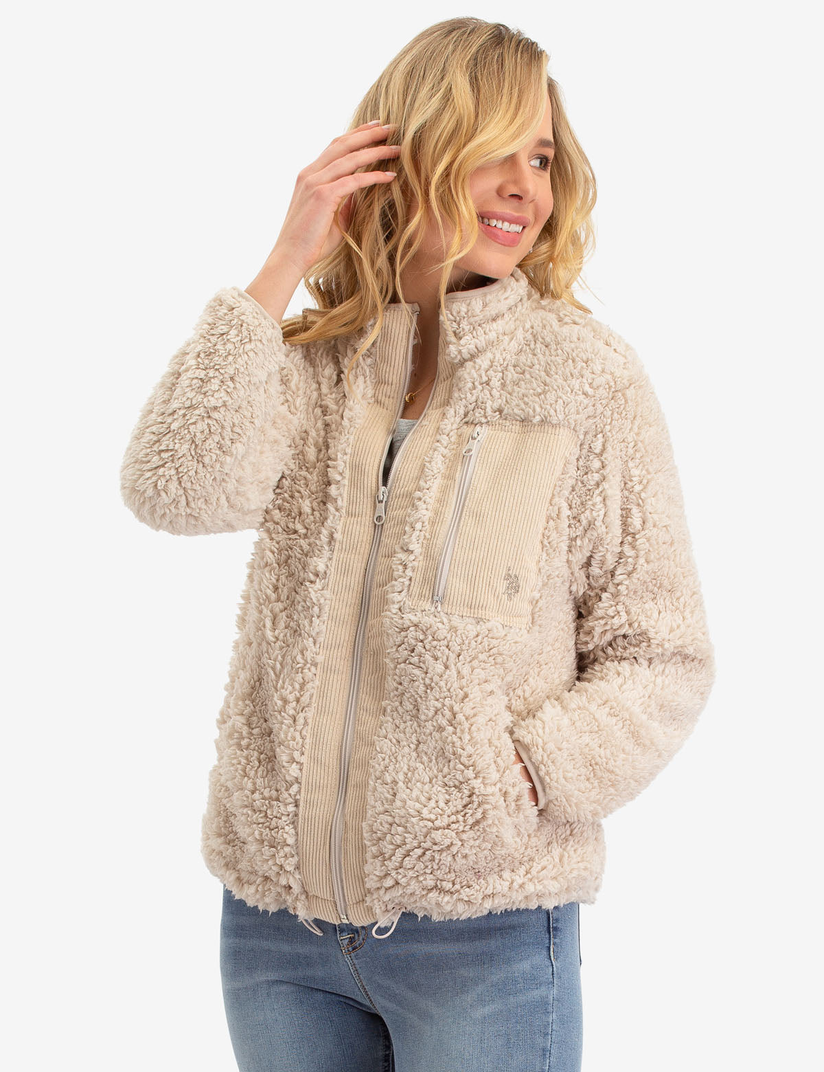 Men's Sherpa Fleece Jacket with Corduroy Detailing & Zipper Pockets