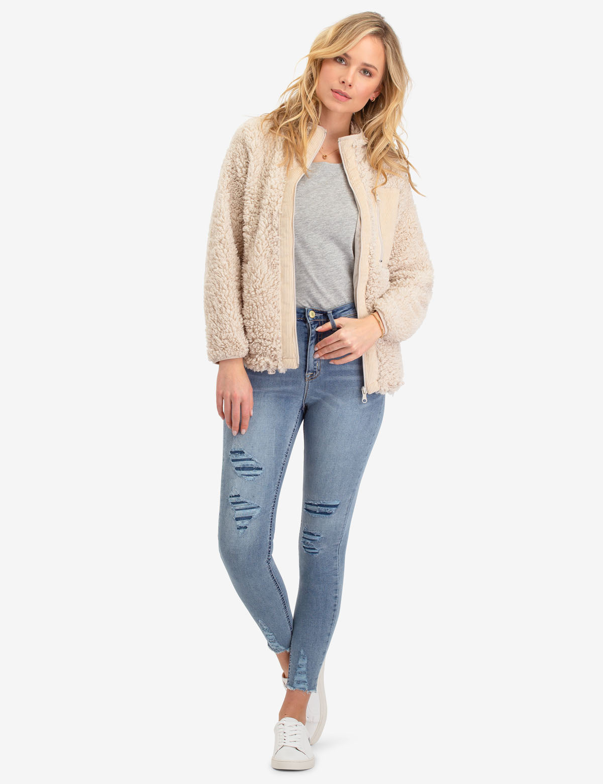 Men's Sherpa Fleece Jacket with Corduroy Detailing & Zipper Pockets