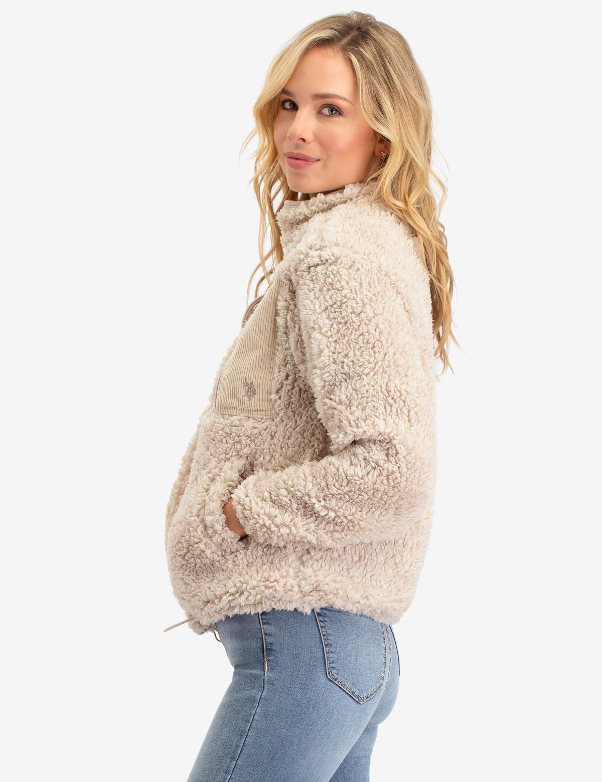 Men's Sherpa Fleece Jacket with Corduroy Detailing & Zipper Pockets