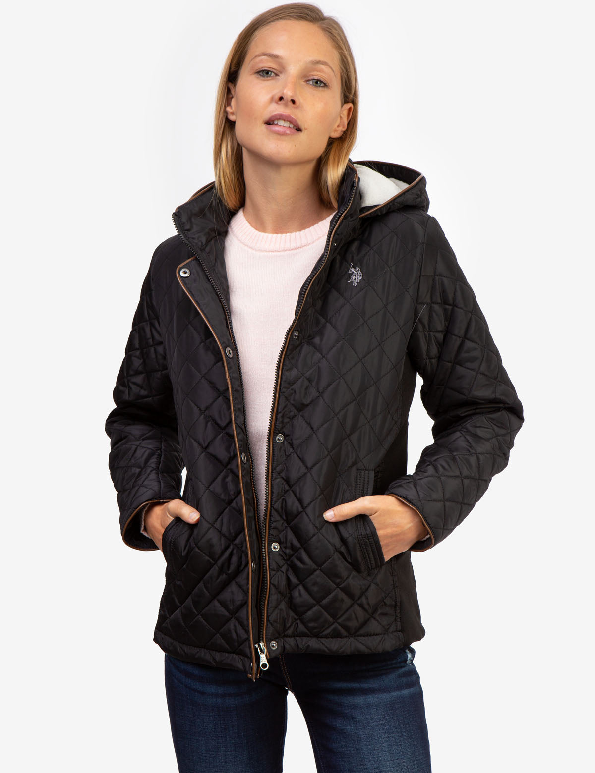 Sherpa Lined Moto Jacket with Hood & Quilted Shell