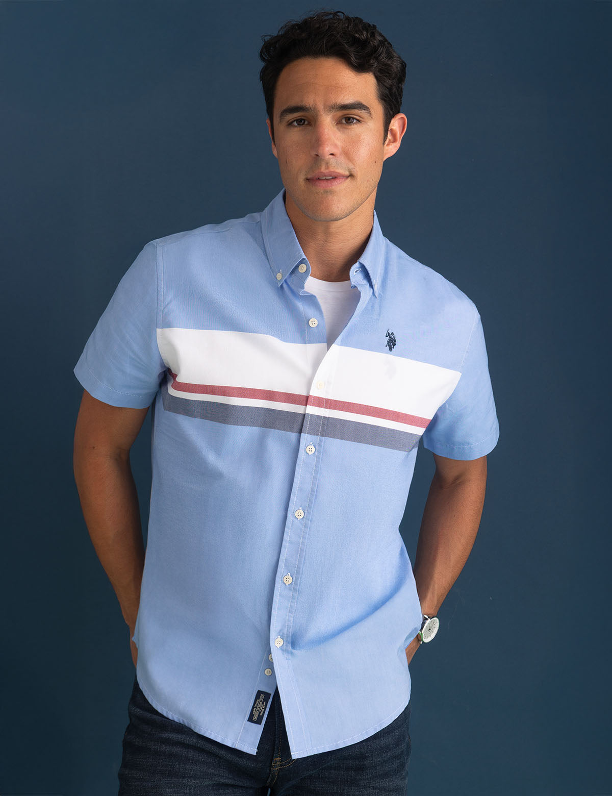 Men's Color Block Striped Short Sleeve Shirt