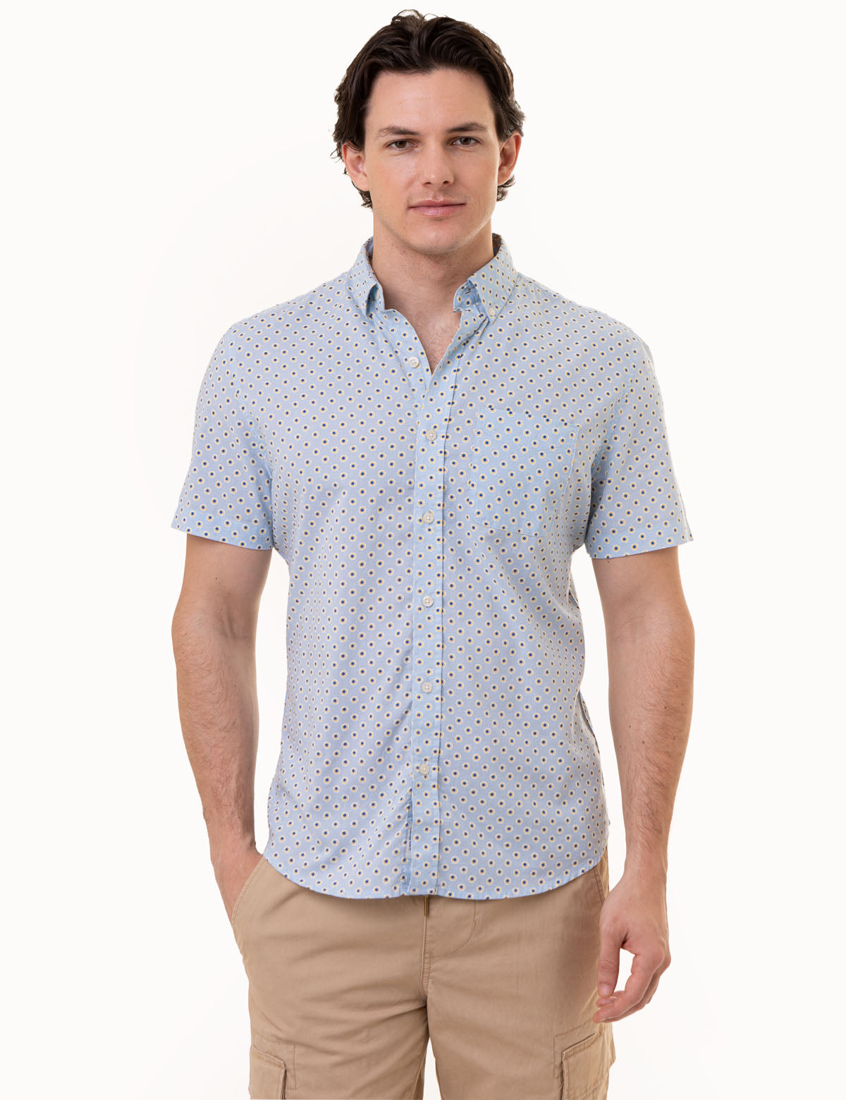 Men's Short Sleeve Dot Print Woven Shirt with Pocket