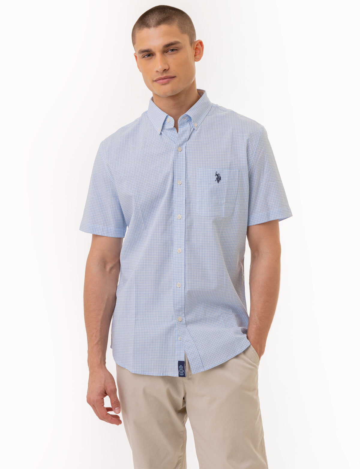 Men's Short Sleeve Gingham Shirt with Chest Pocket