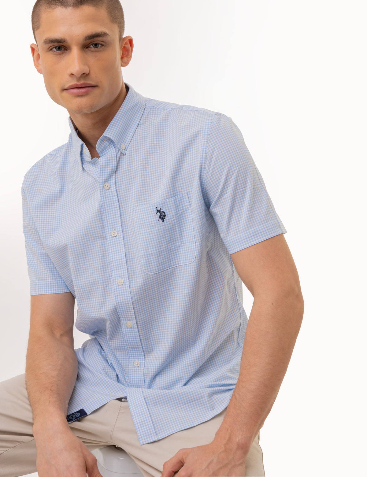 Men's Short Sleeve Gingham Shirt with Chest Pocket