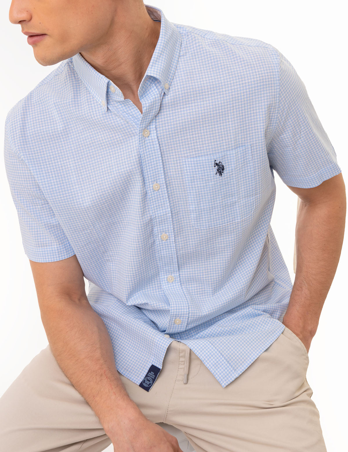 Men's Short Sleeve Gingham Shirt with Chest Pocket