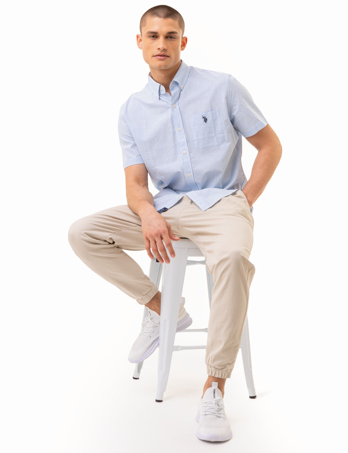 Men's Short Sleeve Gingham Shirt with Chest Pocket