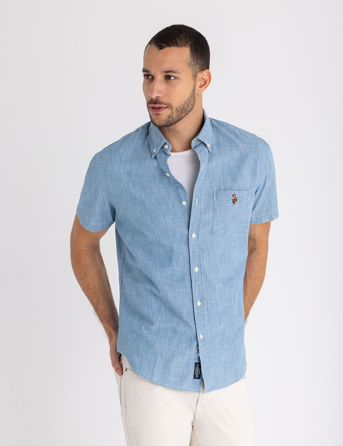 Men's Indigo Chambray Shirt - Short Sleeve with Pocket