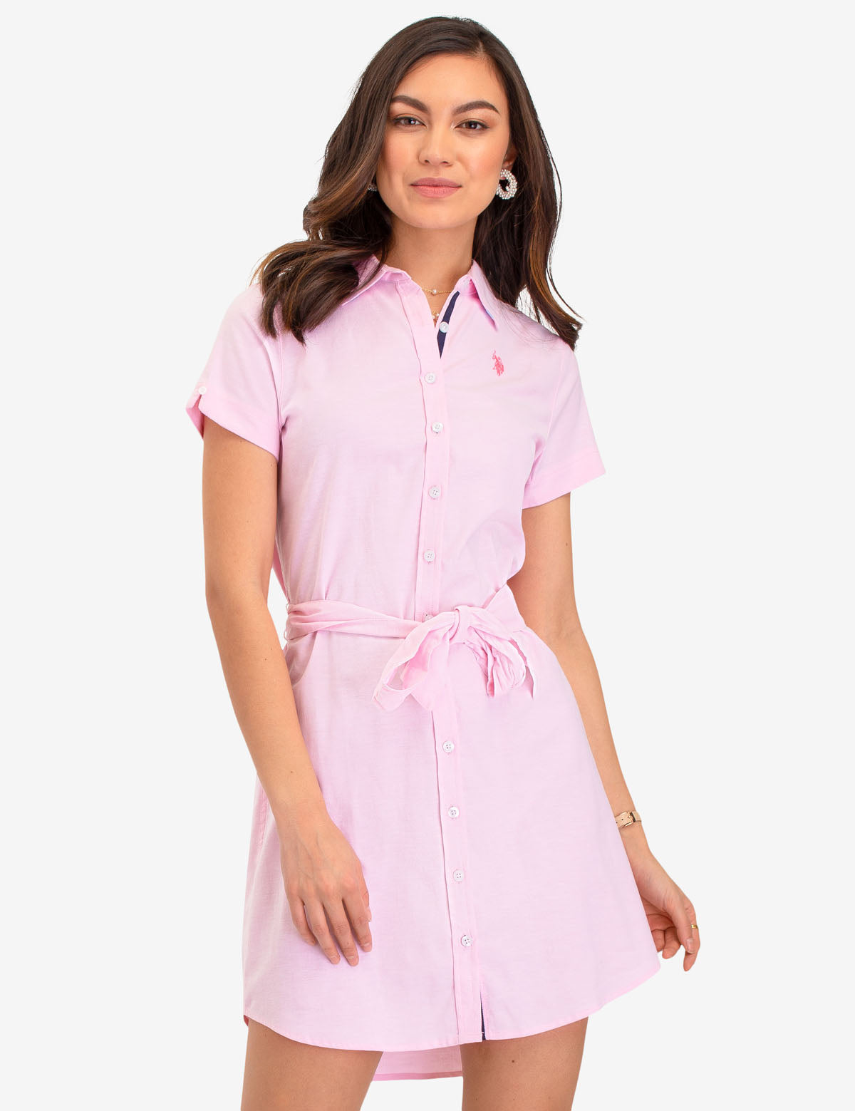 Women's Short Sleeve Oxford Shirt Dress with Tie Waist