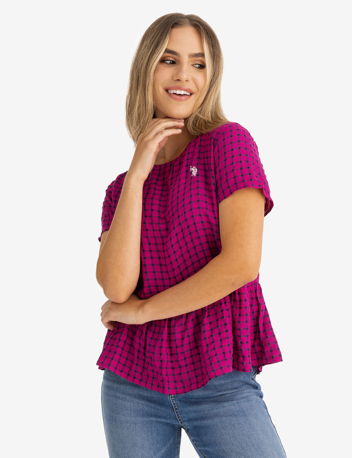 Women's Peplum Grid Top - Short Sleeve Blouse