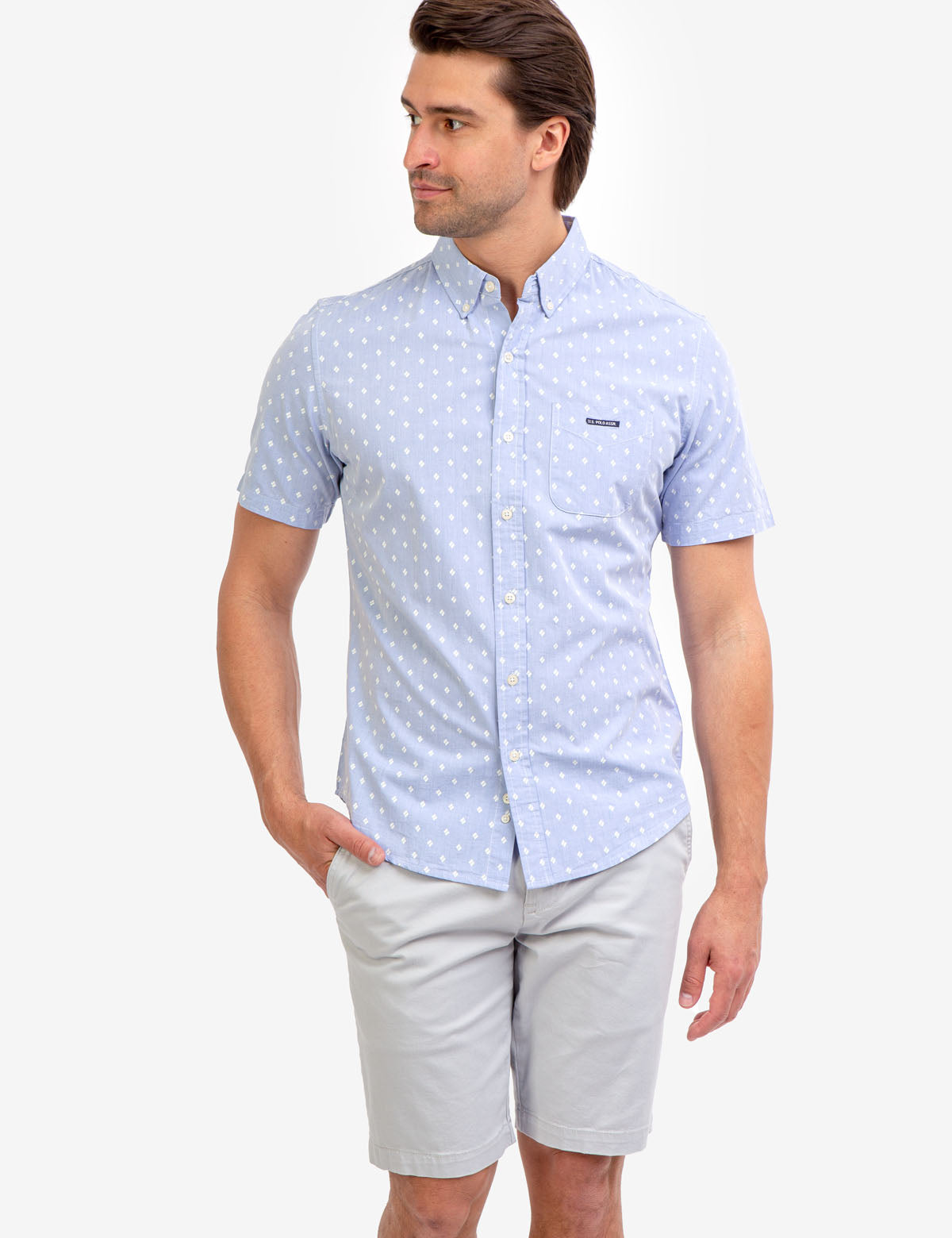 Men's Slim Fit Printed Chambray Shirt - 100% Cotton Short Sleeve