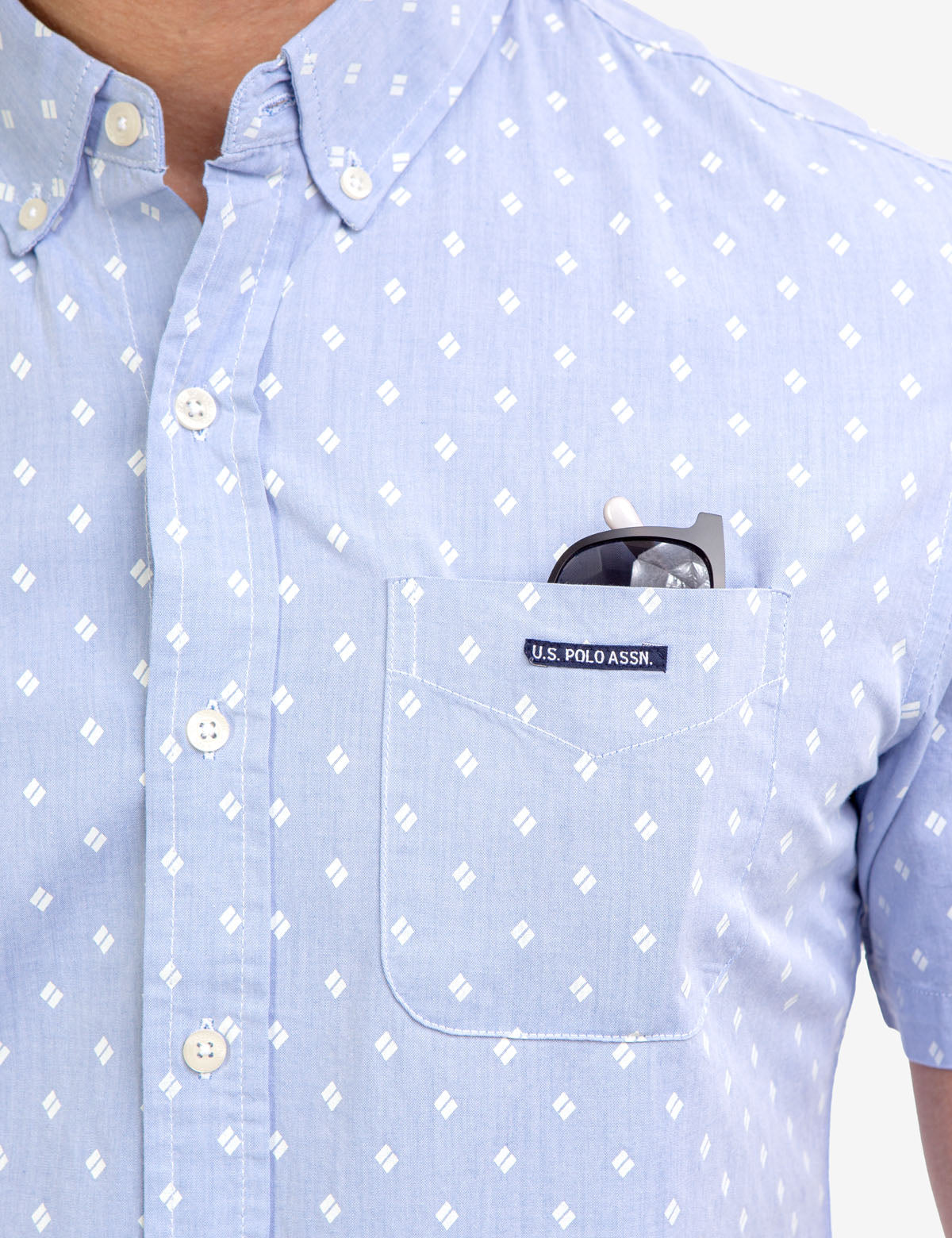Men's Slim Fit Printed Chambray Shirt - 100% Cotton Short Sleeve