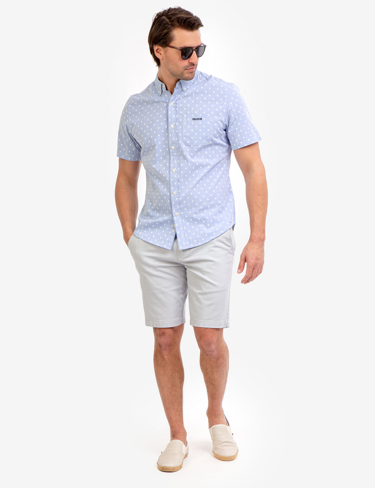 Men's Slim Fit Printed Chambray Shirt - 100% Cotton Short Sleeve