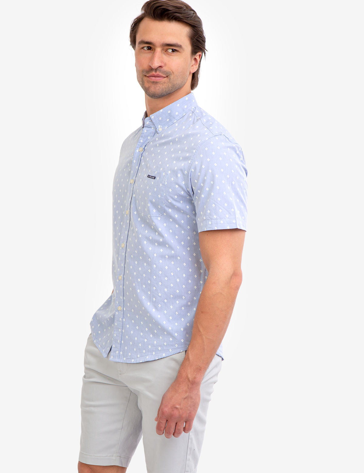 Men's Slim Fit Printed Chambray Shirt - 100% Cotton Short Sleeve