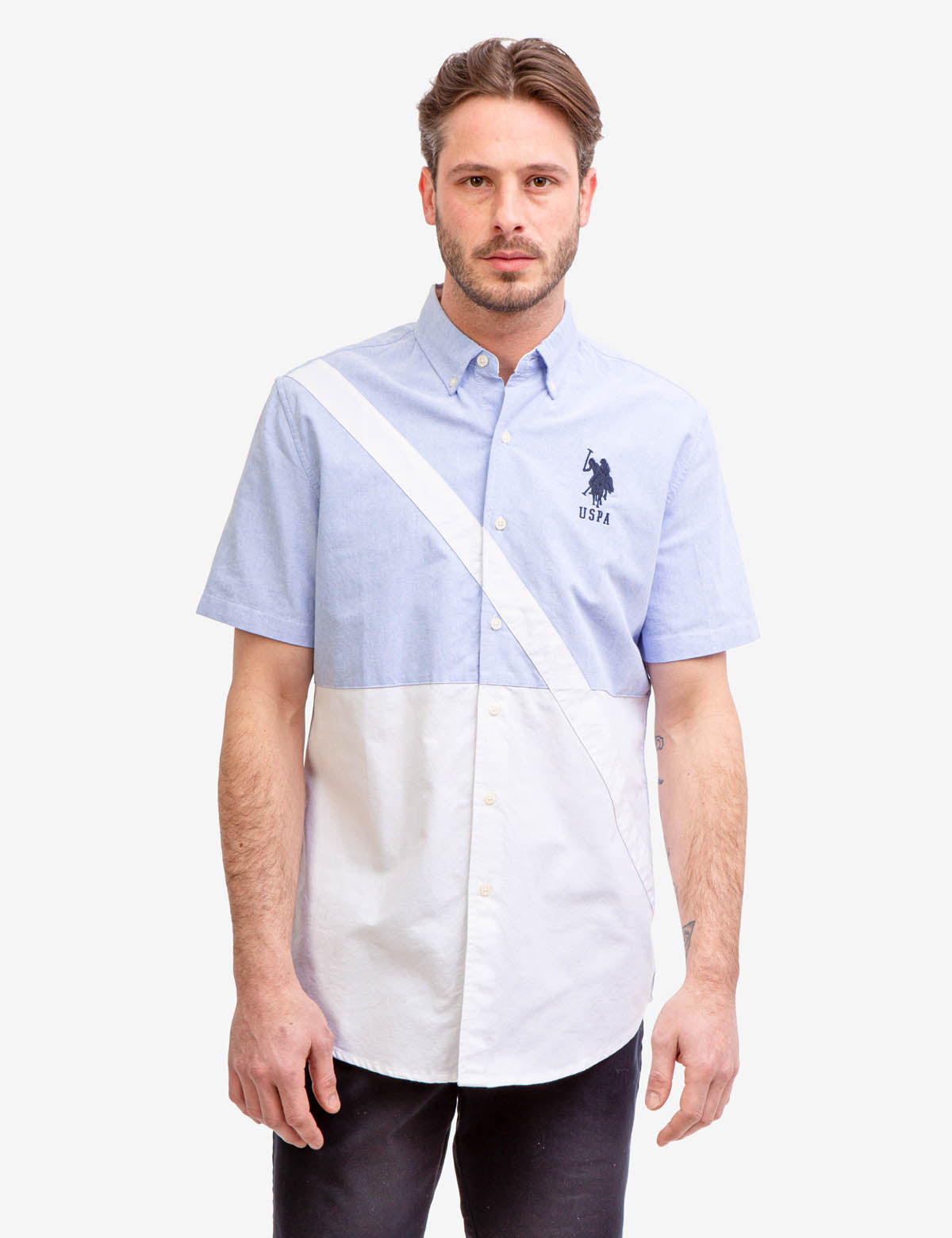 Colorblock Oxford Shirt with Sash Detail - Short Sleeve