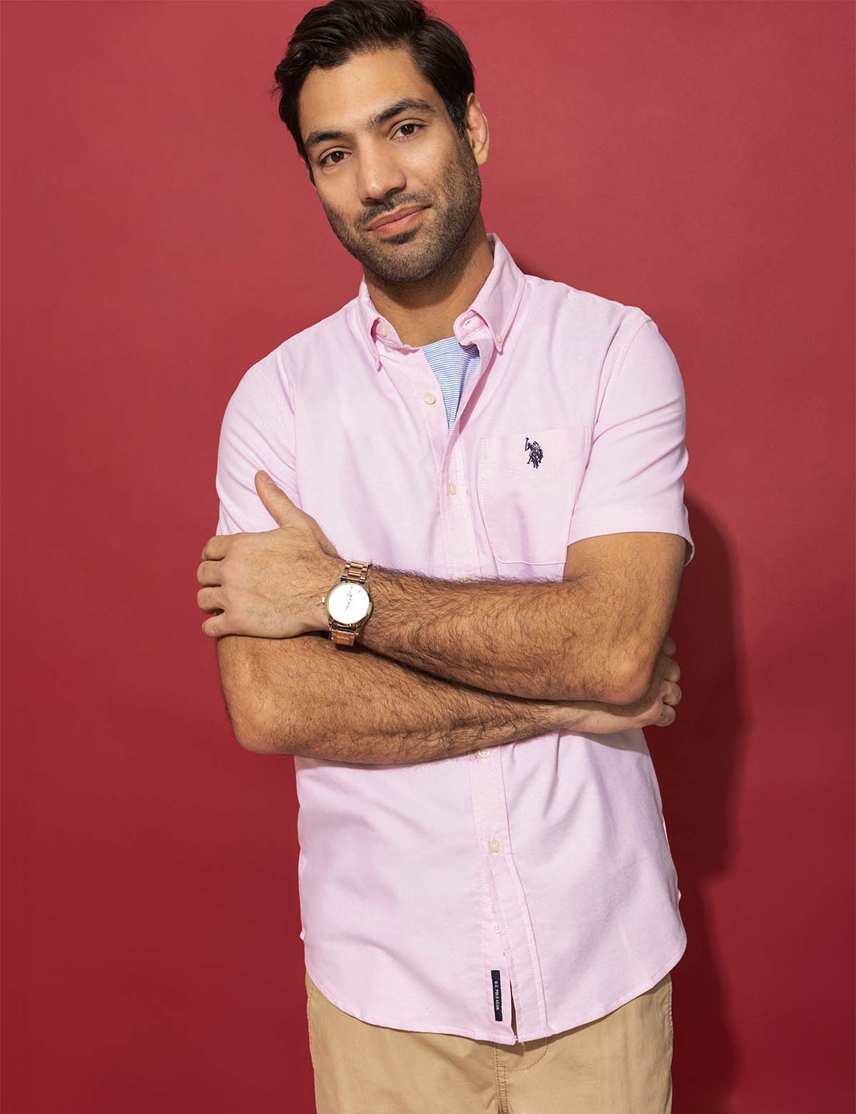 Men's Stretch Oxford Shirt - Short Sleeve Button-Up with Logo