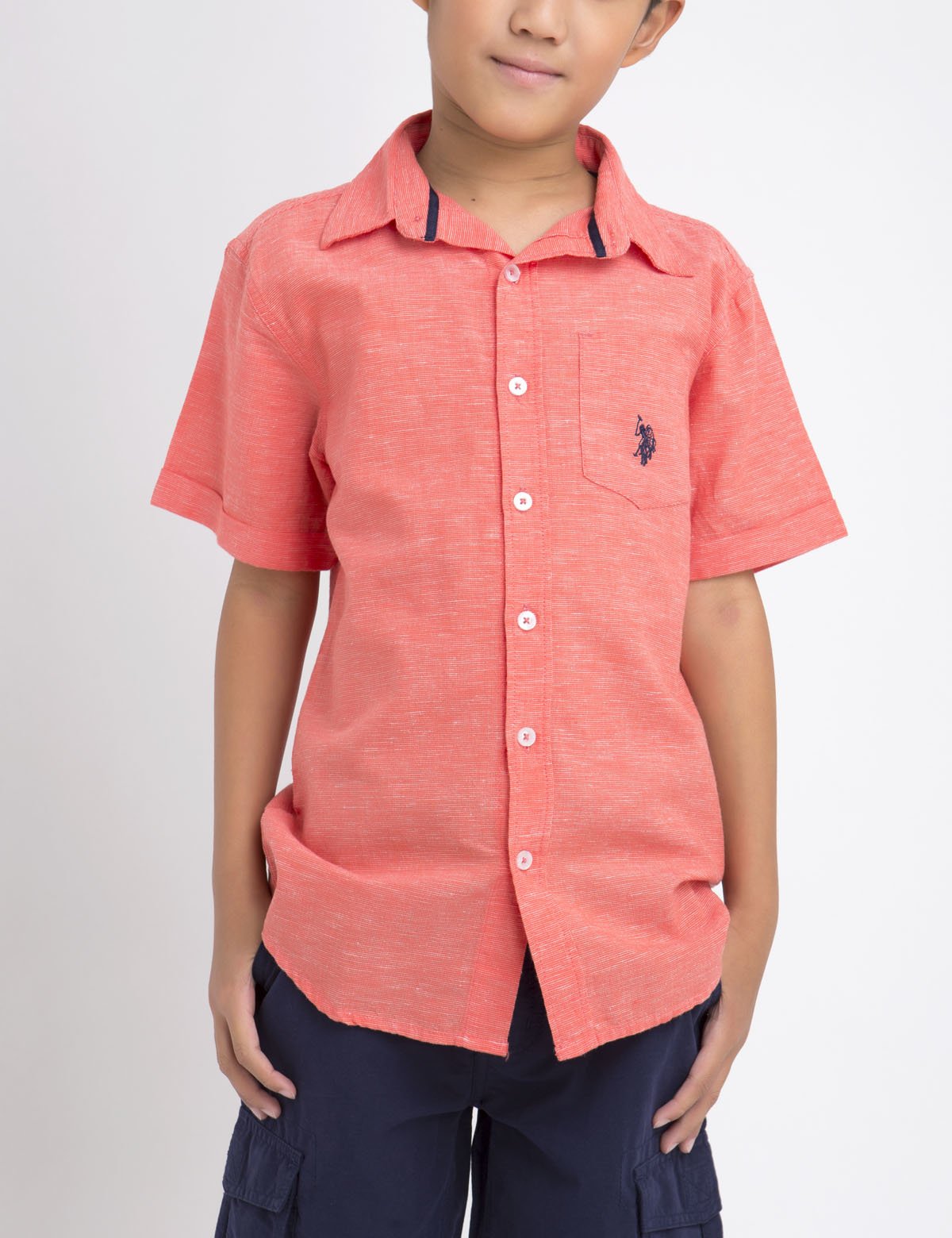 Linen Cotton Short Sleeve Button-Up Shirt with Chest Pocket