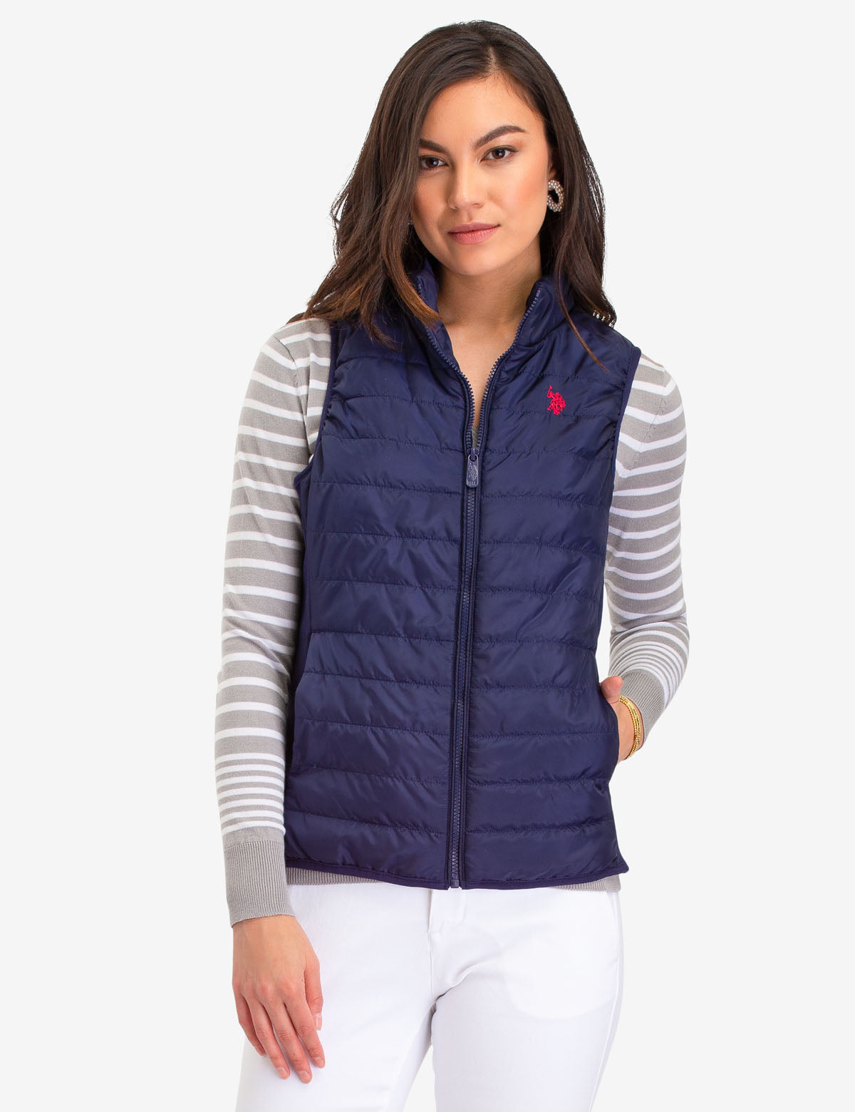USPA Side Knit Puffer Vest with Zip Front & Pockets
