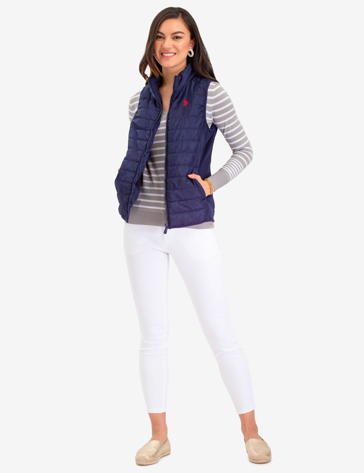 USPA Side Knit Puffer Vest with Zip Front & Pockets