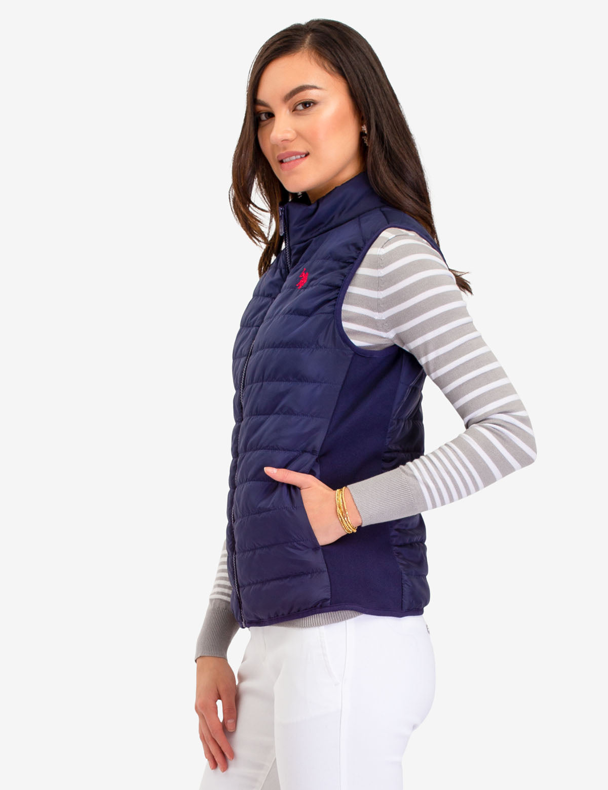 USPA Side Knit Puffer Vest with Zip Front & Pockets