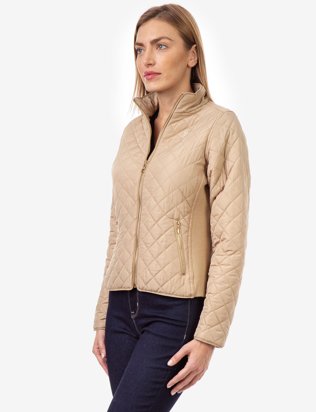 Quilted Knit Jacket with Rib Panels & Zipper Pockets
