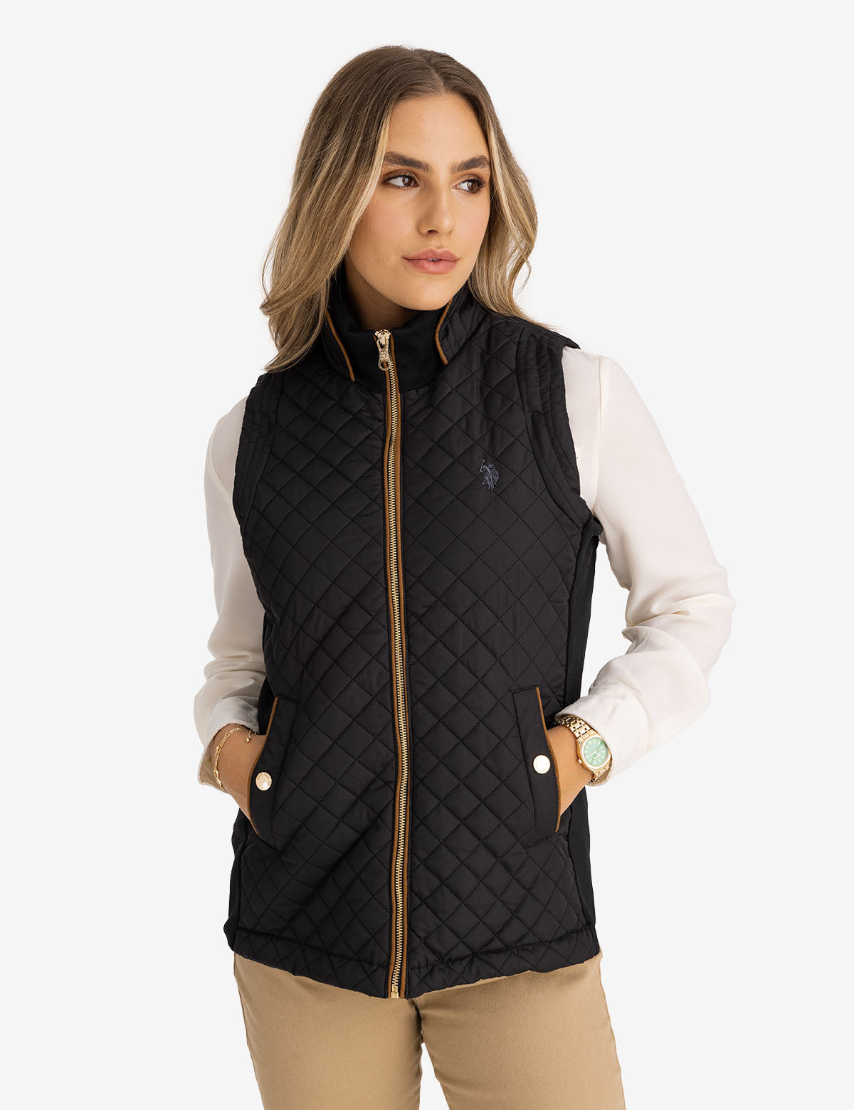 Quilted Vest with Side Knit Panels & Embroidered Logo
