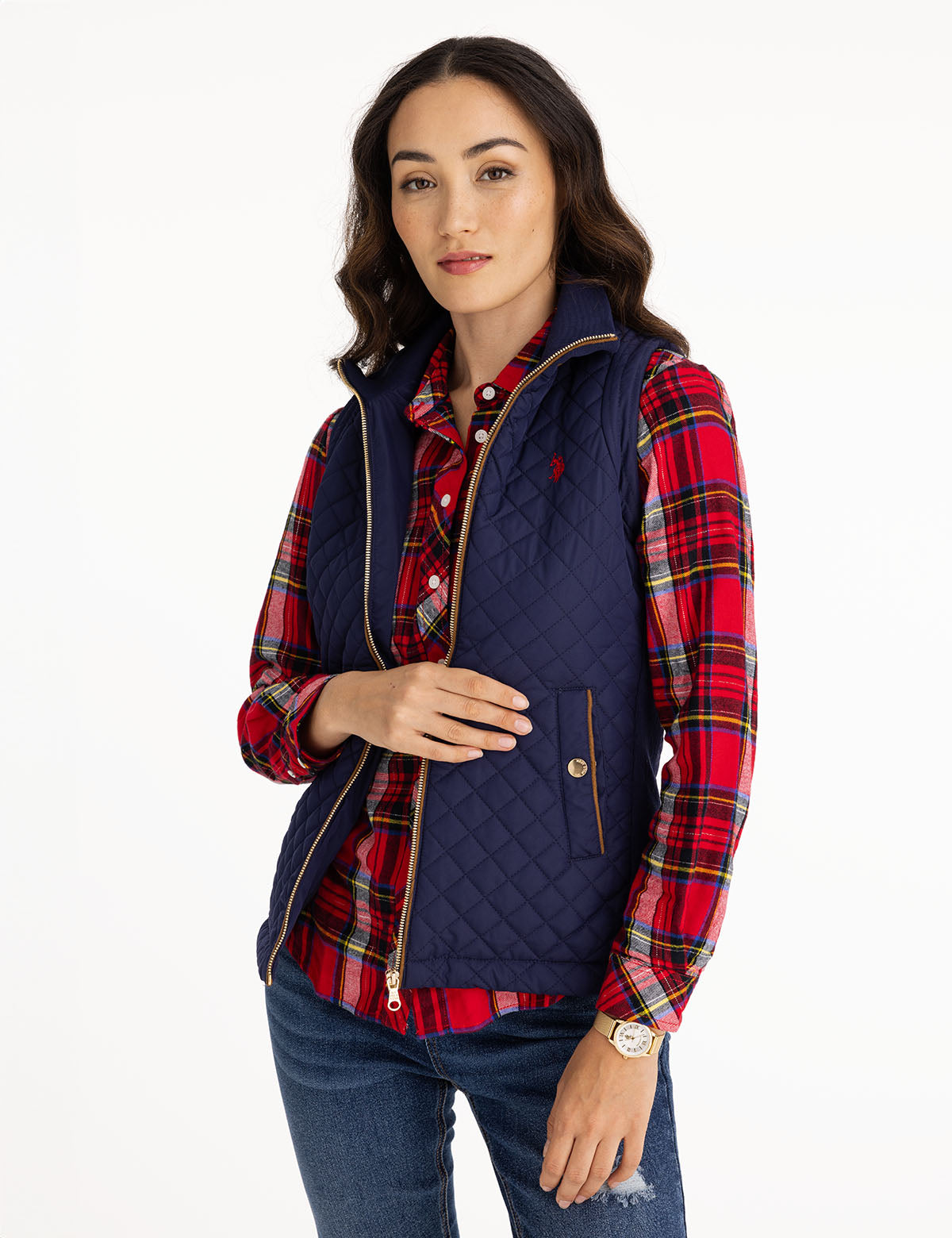 Quilted Vest with Side Knit Panels & Embroidered Logo