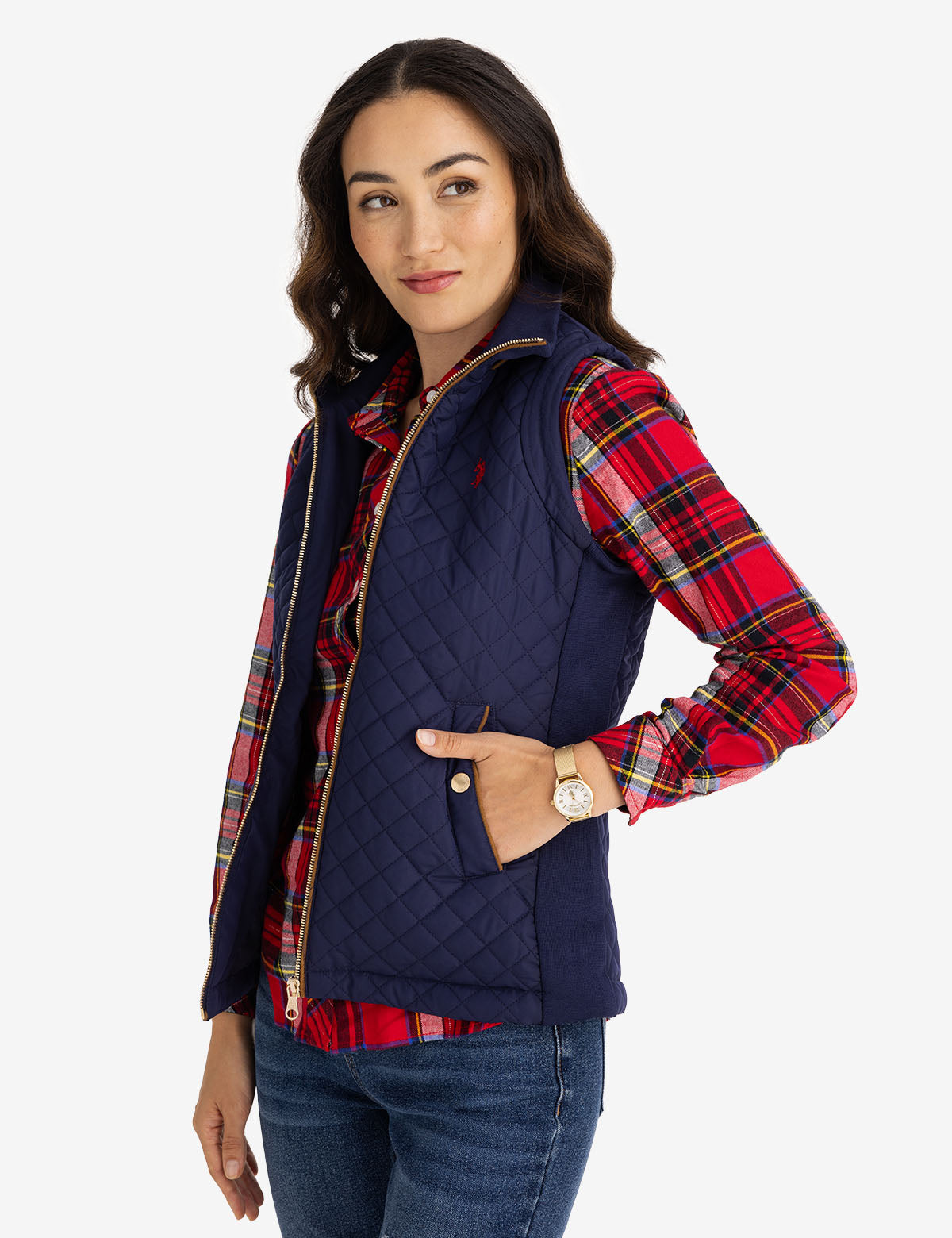 Quilted Vest with Side Knit Panels & Embroidered Logo
