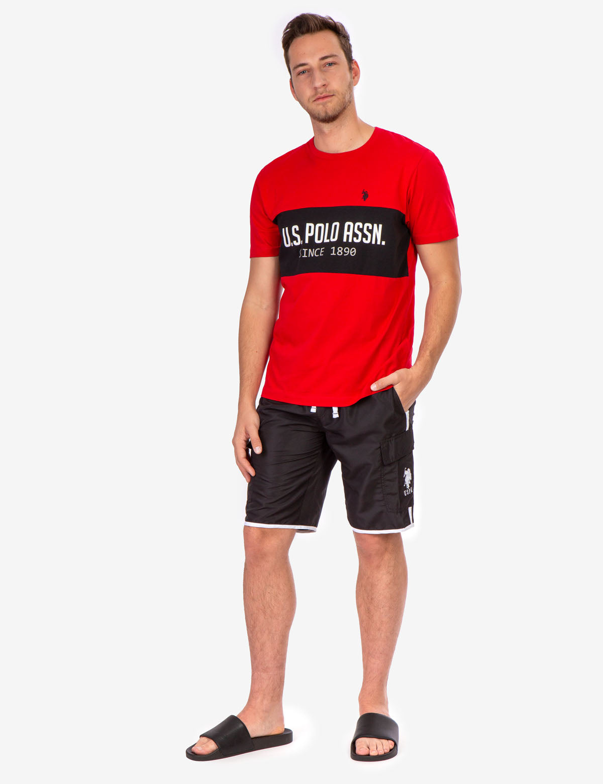 U.S. Polo Assn. Side Stripe Cargo Swim Trunks with Drawstring