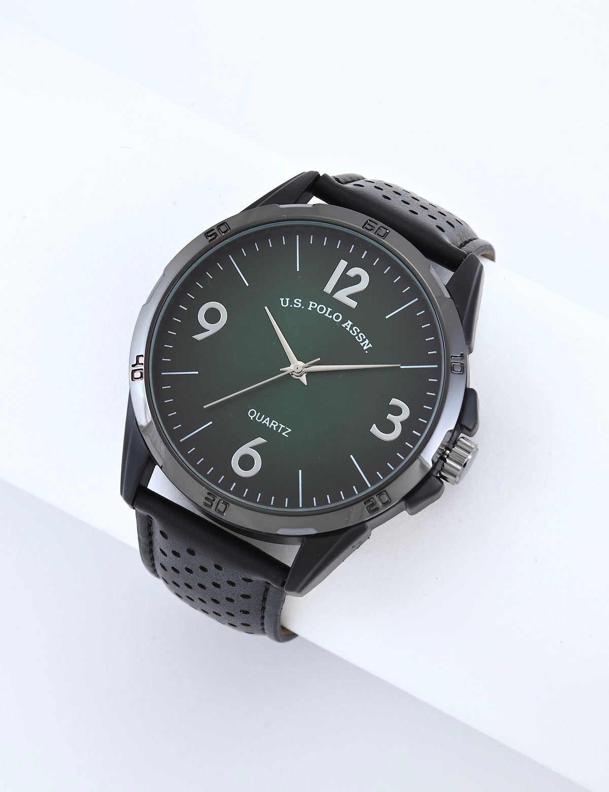 Men's Black Leather Strap Green Dial Watch