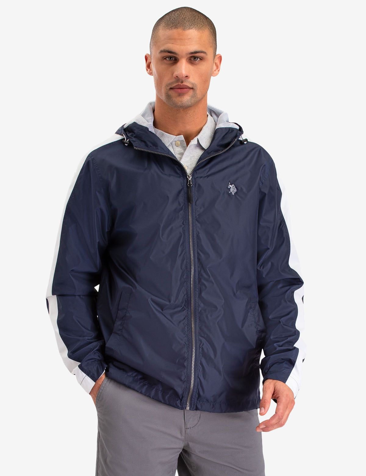 Men's Side Stripe Windbreaker Jacket with Hood & Pockets