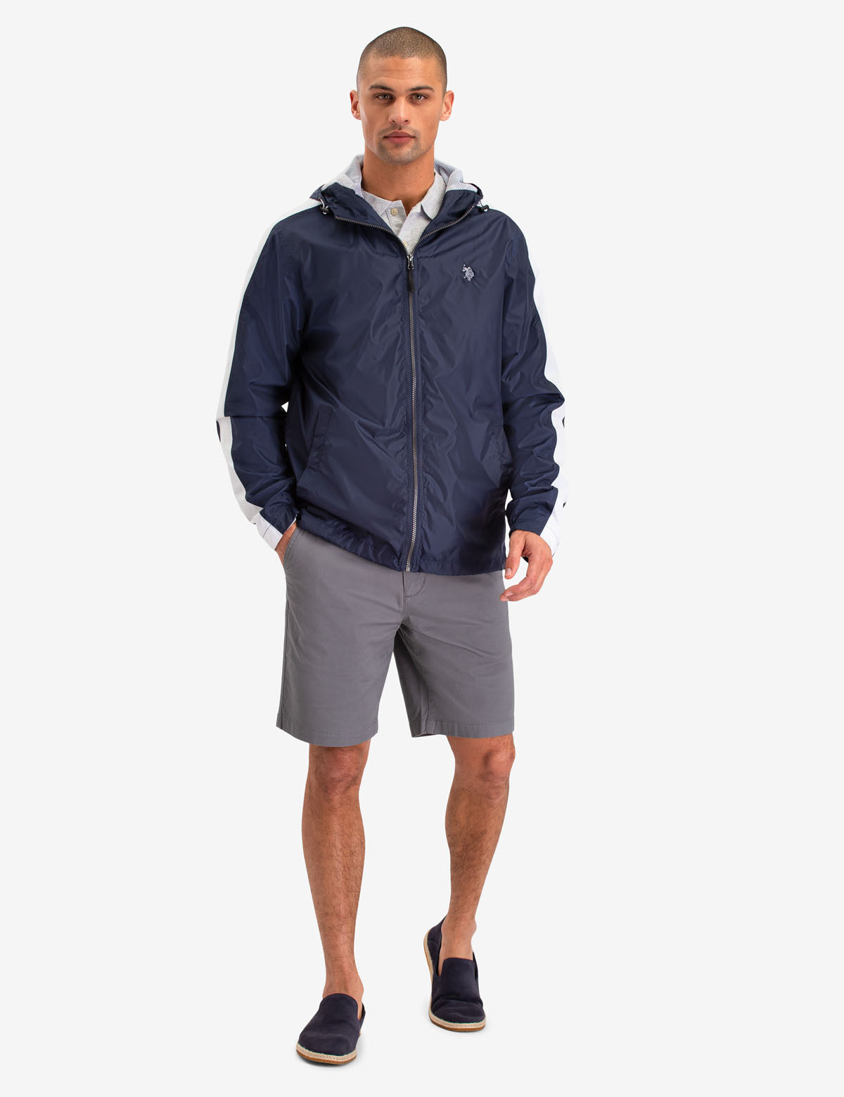 Men's Side Stripe Windbreaker Jacket with Hood & Pockets