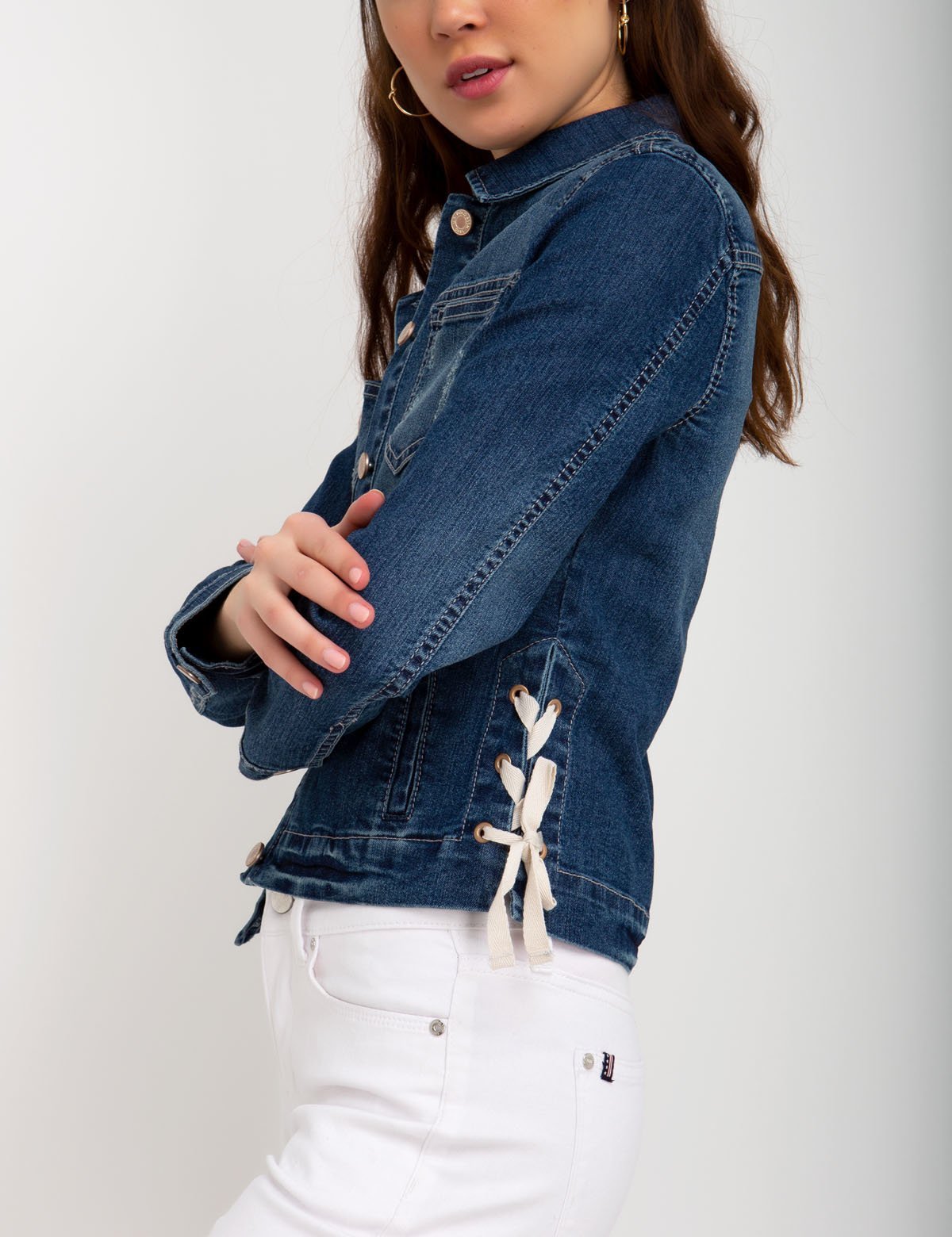 Women's Side Tie Denim Jacket - Lace-Up Cotton Blend