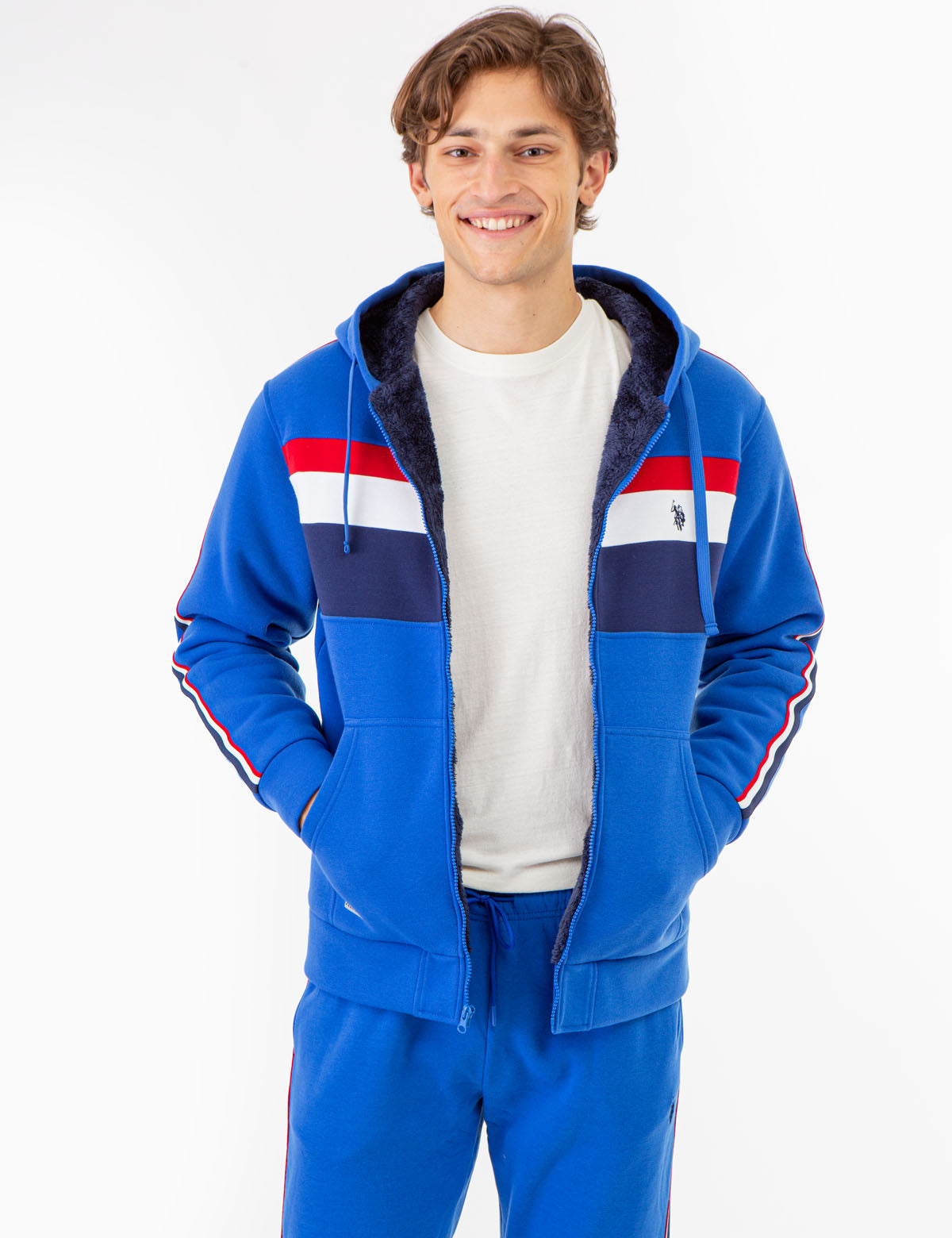 Colorblock Sherpa Hoodie with Signature Stripes – Cozy & Stylish