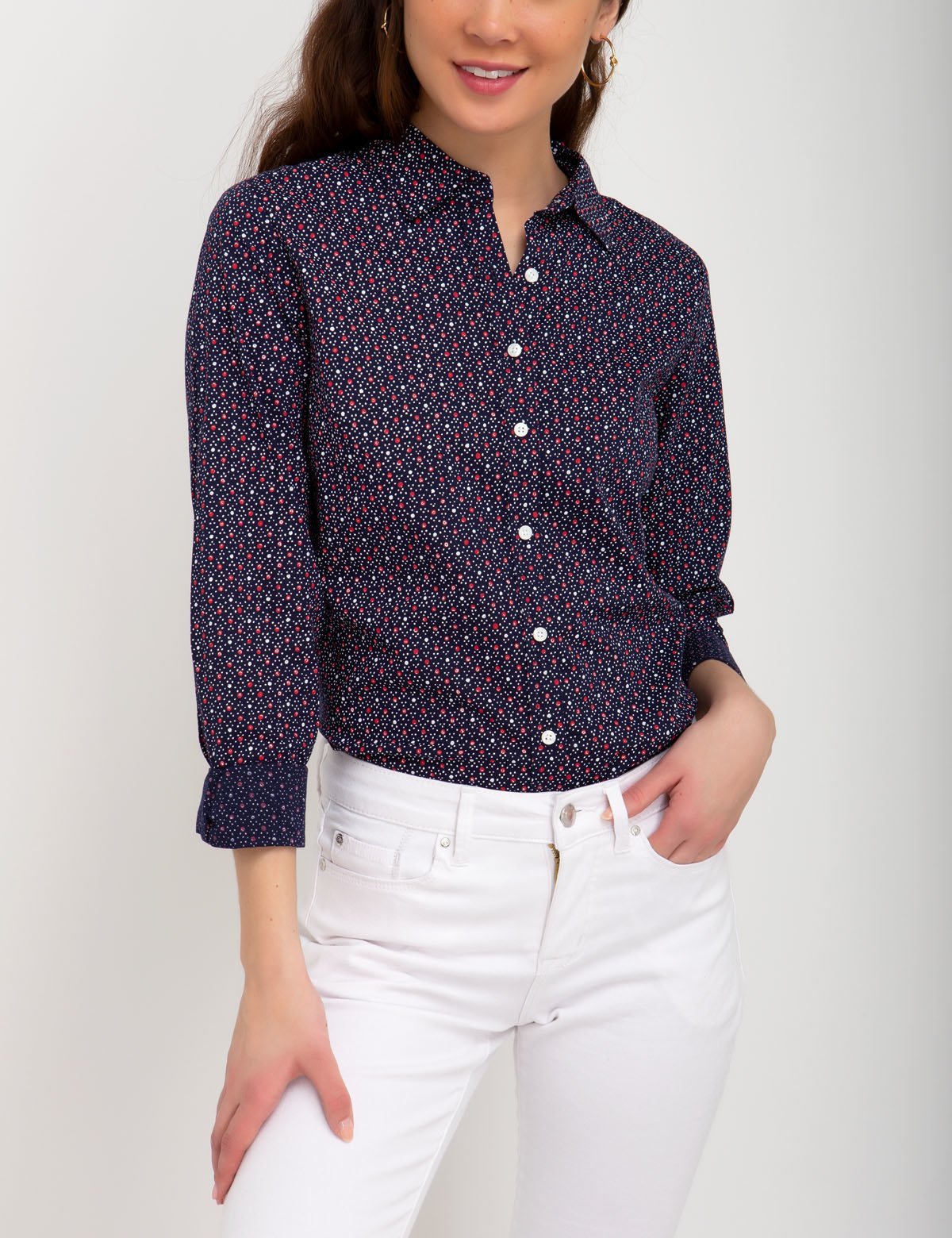 Women's Cotton Dot Print Button-Up Top with Logo Detail
