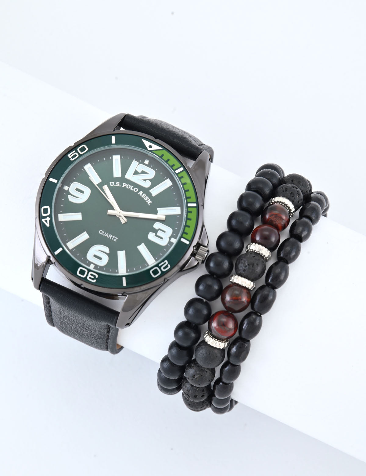 Men's Black Leather Watch & Bracelet Stackable Set