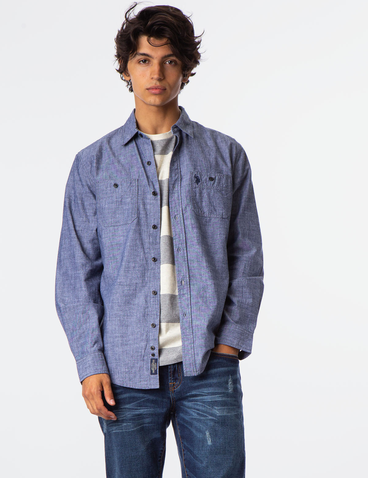 Men's Slim Fit Cotton Canvas Shirt with Embroidered Logo