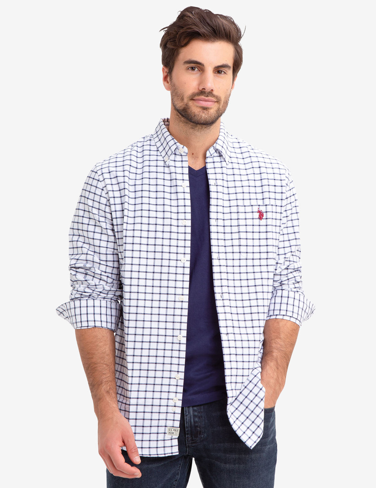 Men's Small Plaid Oxford Shirt - Cotton Blend Embroidered Logo